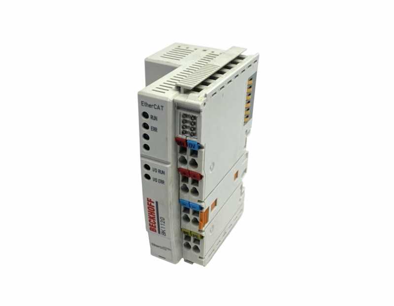 The BK1120 EtherCAT Bus Coupler supports up to 64 K-bus terminals, utilizes a data transfer medium of Ethernet/EtherCAT CAT5 cable, and operates at a baud rate of 100 Mbit/s