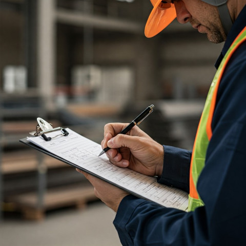 A worker holding a checklist and checking things off