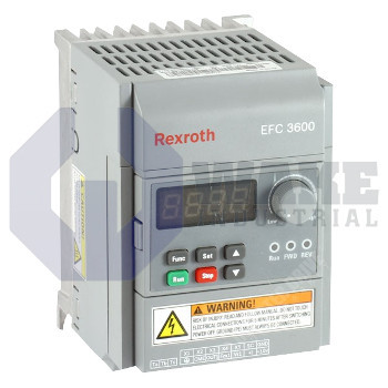 EFC3600-0K40-1P2-MDA-7P-NNNN | The EFC3600-0K40-1P2-MDA-7P-NNNN Frequency Converter is manufactured by Rexroth Indramat Bosch. The unit is equipped with 0.4kW of Continuous power, 240V connection voltage, and a Modbus Communication module. | Image
