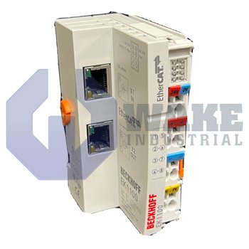 EK1101 | EK1101 is an EK1xxx series EtherCAT coupler manufactured by Beckhoff. This coupler weighs approx. 105 g, and operates with 100 Mbit/s data transfer rates and 24 V DC power supply. | Image