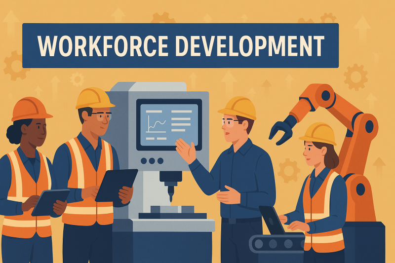 A banner that reads workforce development above several cartoon styled workers
