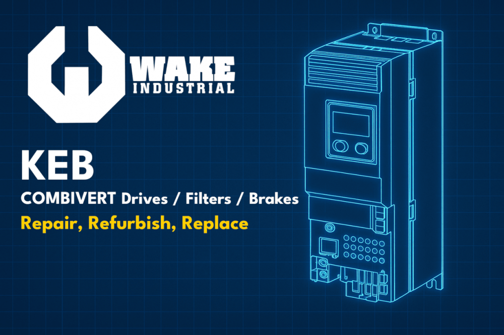 This is a blue-print aesthetic banner image for the Wake Industrial KEB repair page.