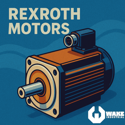 This is a stylized image for the Rexroth Motors buy page with the Wake Industrial logo in the corner.