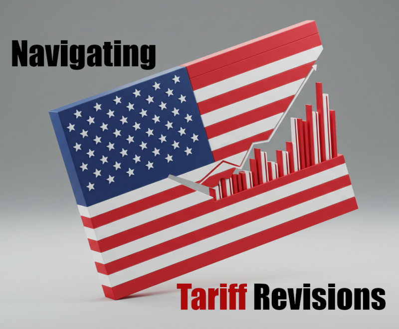 a flag with text that reads "navigating tariff revisions"