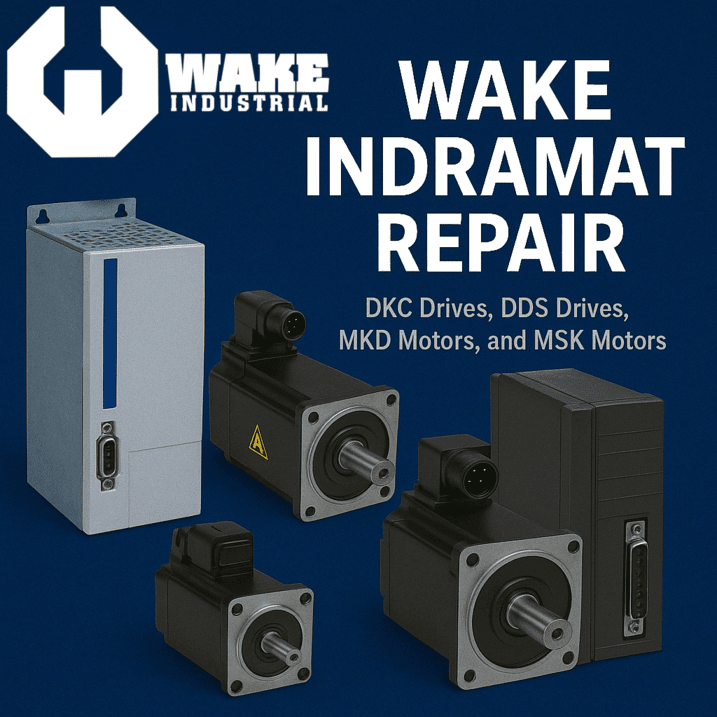 This is an image depicting several motors and drives for an Indramat centered repair page for Wake Industrial.
