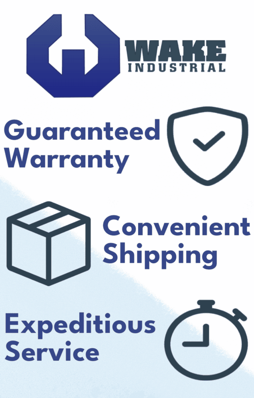 This is a high-def image that shows all of the benefits of relying on Wake Industrial. Guaranteed warranty, convenient shipping, and expeditious service.