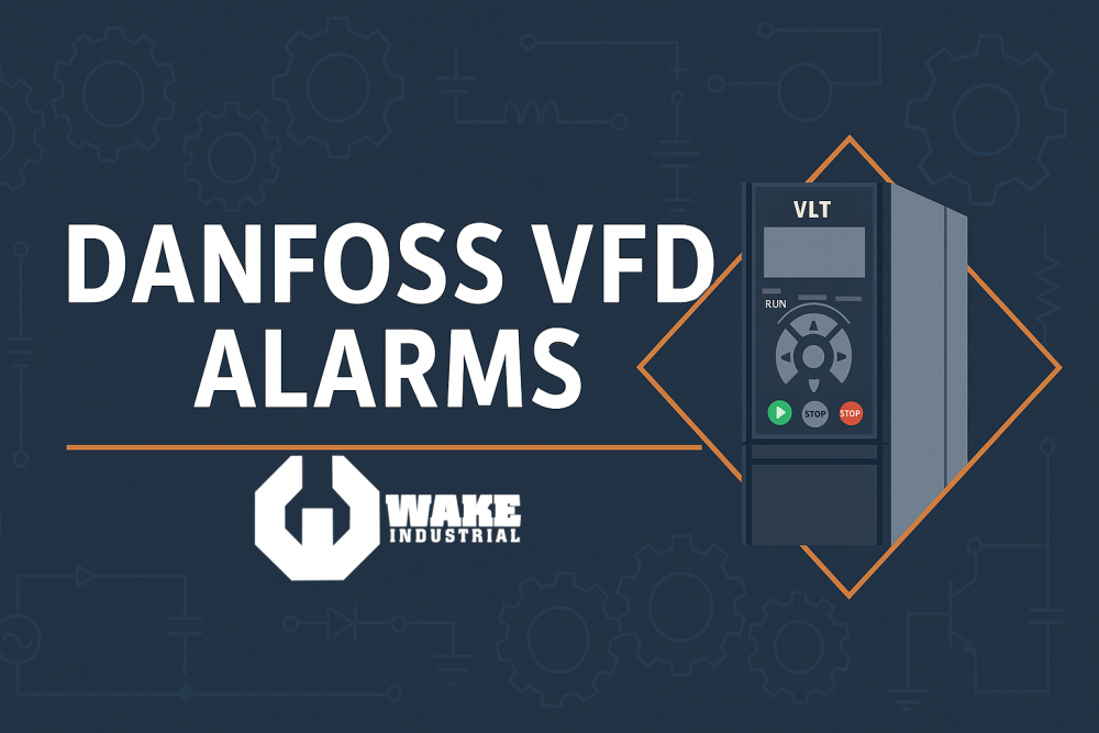 This is a blue image that reads "danfoss vfd alarms" with the wake industrial logo beneath it.